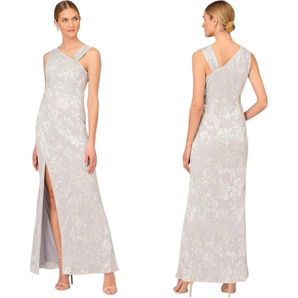 Aidan Mattox Adrianna Papell Pleated Foil Mermaid Maxi Gown Women 10 Silver NWOT